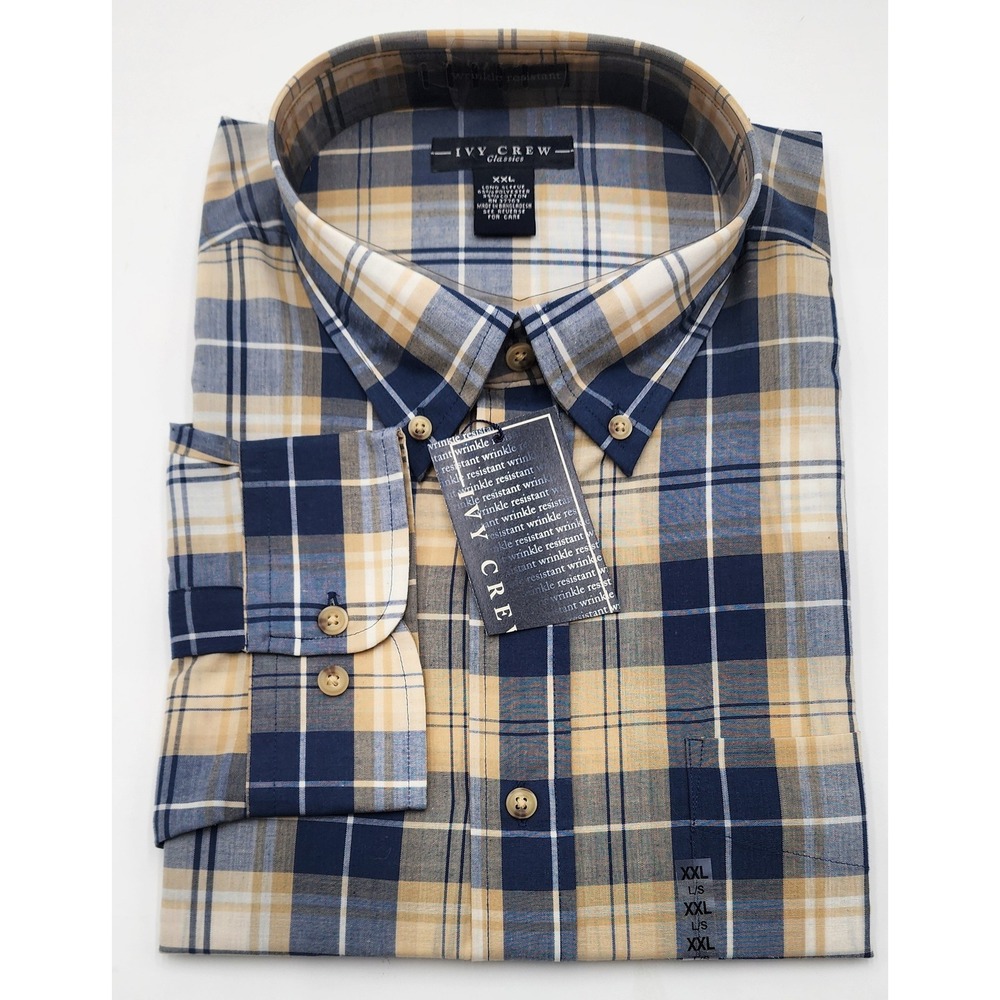 Ivy Crew Plaid Shirt Mens XXL Navy Tan NWT Wrinkle Resistant Long Sleeve Button
